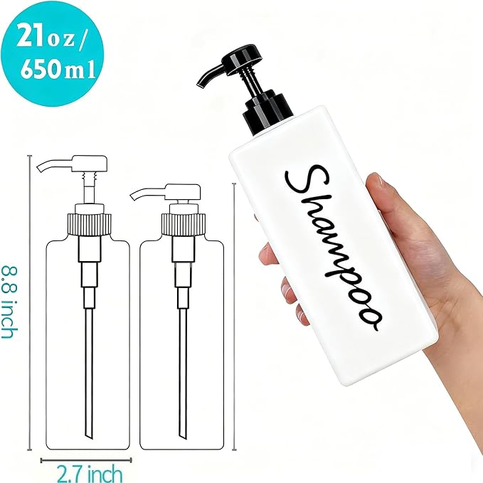 Shampoo and Conditioner Dispenser (Set of 3, 21oz) Modern Refillable Shampoo Pump Bottles for Shower Soap - Empty Body Wash Dispenser Set for Bathroom