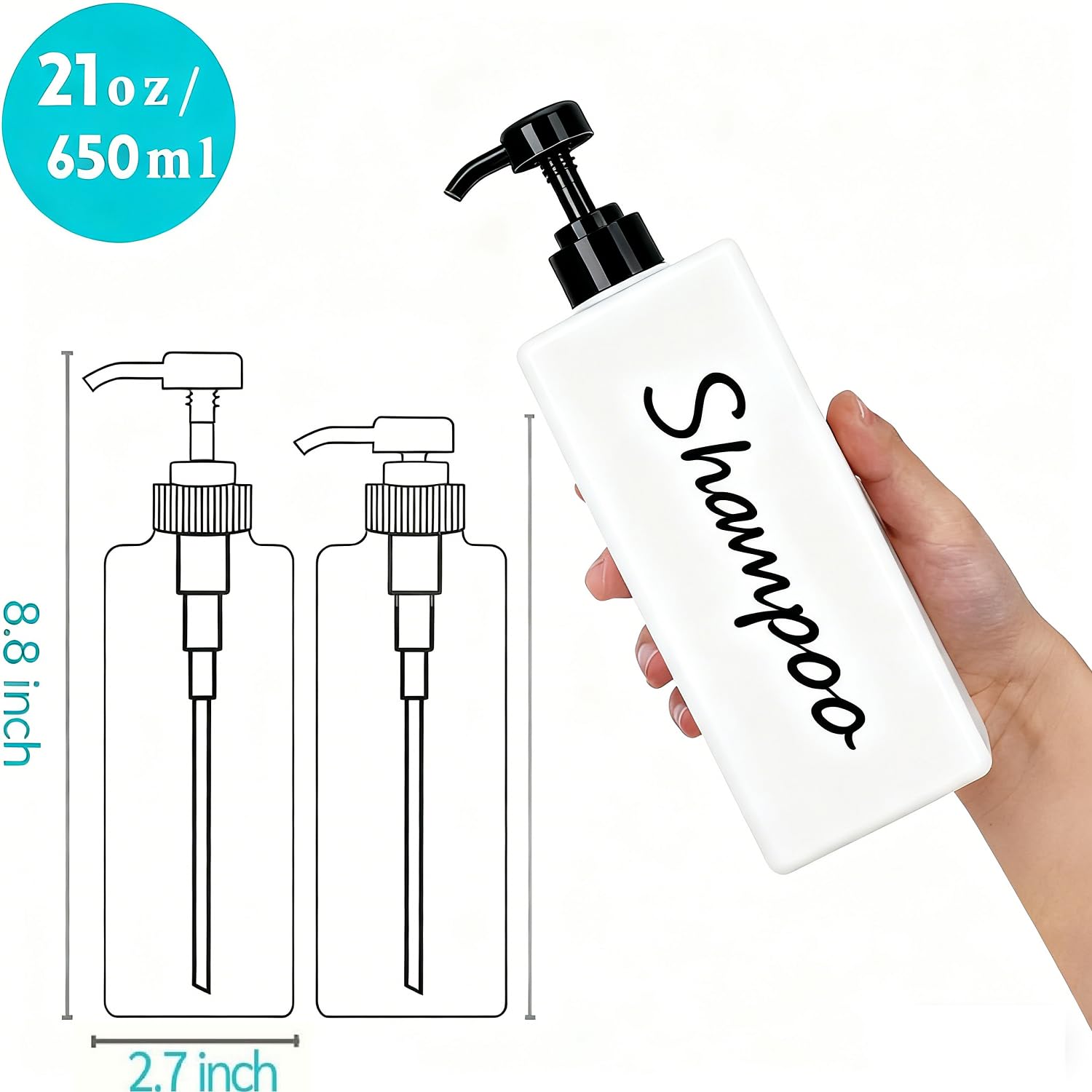 Shampoo and Conditioner Dispenser (Set of 3, 21oz) Modern Refillable Shampoo Pump Bottles for Shower Soap - Empty Body Wash Dispenser Set for Bathroom