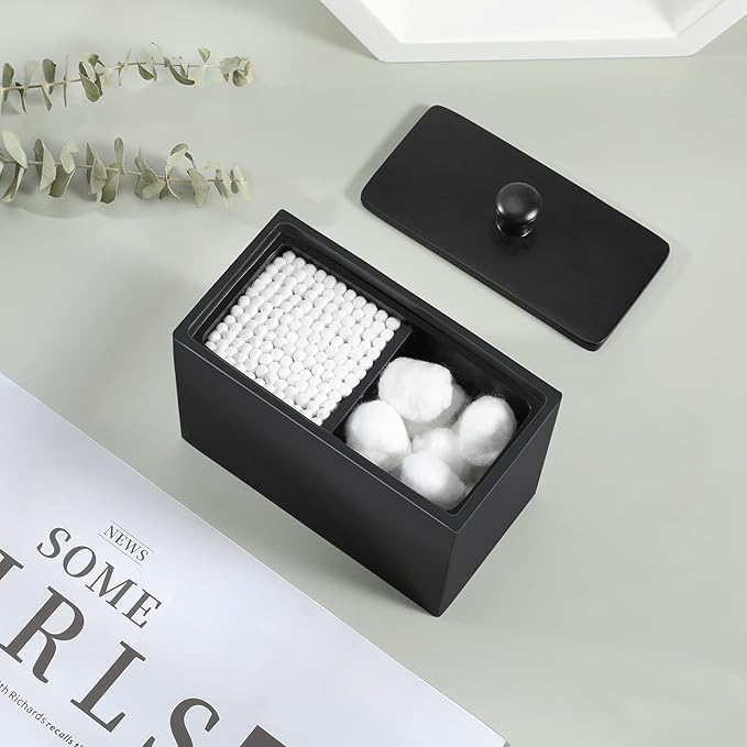 Luxspire Cotton Swab Holder, Qtip Holder Dispenser with Lid, 2 Compartments Cotton Ball Organizer, Bathroom Container, Q Tip Jar, Floss, Bathroom Accessories - Matte Black