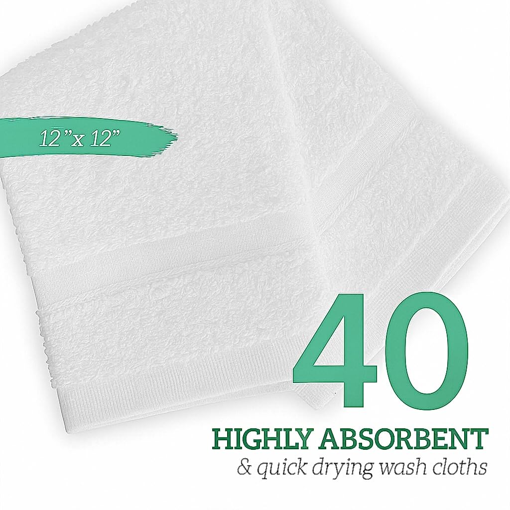 GREEN LIFESTYLE Washcloths 12" x 12" 40 Pack - 100% Cotton Wash Cloths, Soft Absorbent Face Towels, Bulk Washcloths for Body, Bathroom, Shower and Daily Use (White)