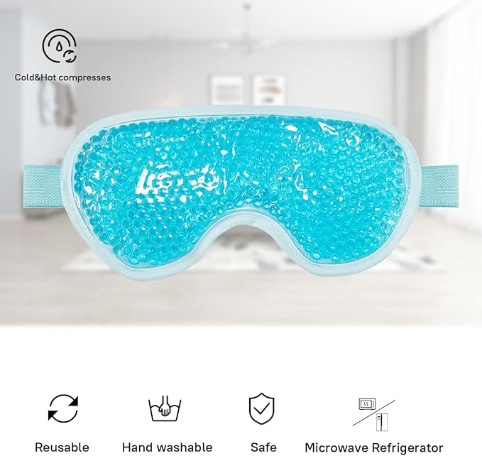 Ruzzut Cooling Gel Eye Mask, 2 PCS Reusable Eye Bead Pad & Cool Compress for Puffy Dry Eye, Cold Eye Ice Mask Gel Pack with Plush Backing for Migraine & Stress Relief, Blue
