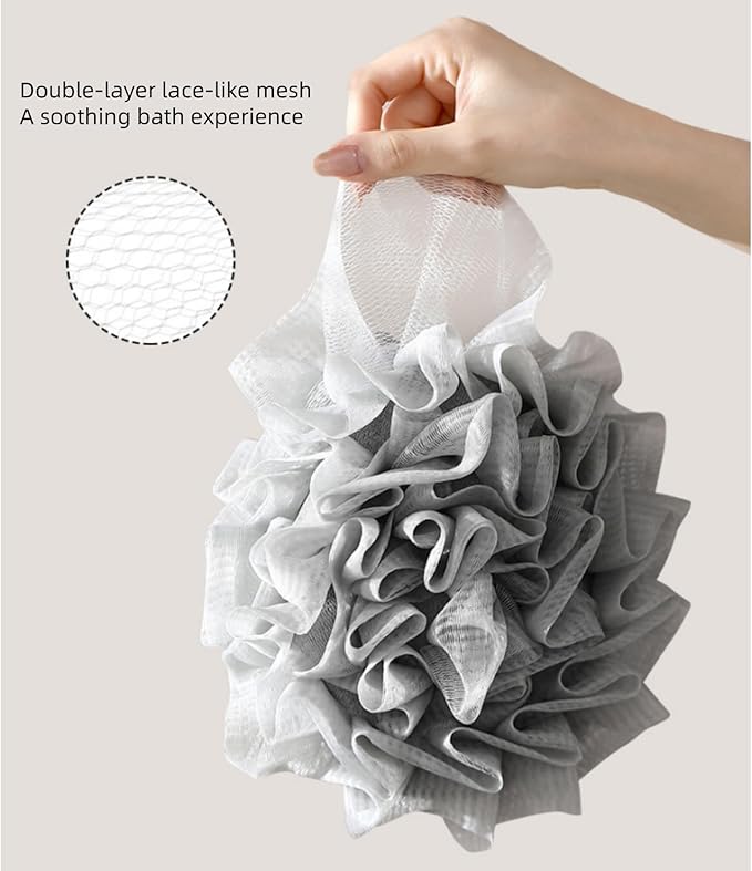 Washcloth Loofah Combo 2-in-1 Loufee Wash Cloth That Holds Bar Soap-Exfoliation Mesh Shower Ball for Body Wash&Smooth Skin+Free Loofah Dish Towel (Upgrade Round 2Pcs(Bigger and Softer))