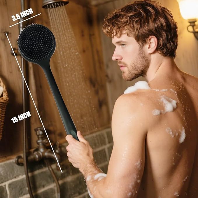 Silicone Back Scrubber for Shower Body Brush with Long Handle Double Sided Bath Exfoliating Massage Brushes Men Women (Grey)