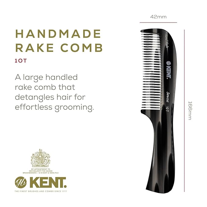 Kent 10T TY Large Handmade Wide-Tooth Detangling Rake Comb - Smooth and Comfortable for Curly, Wet or Dry, Thick Hair