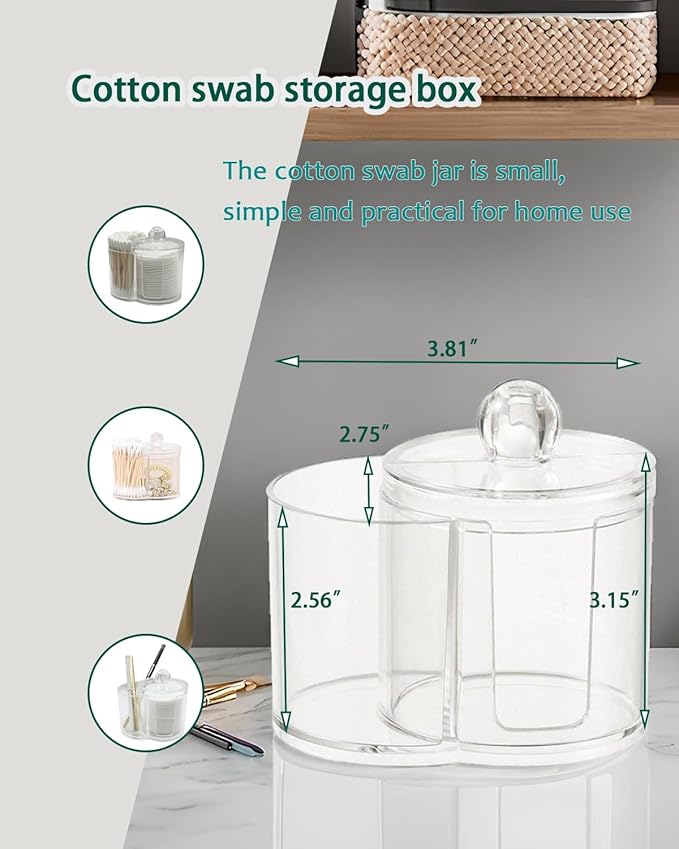 AkoSlale 2-in-1 Cotton Swab and Cotton Round Holder with Lid - Clear Plastic Dual Compartment Bathroom Vanity Organizer, Shatterproof Countertop Container for Makeup Pads & Skincare Storage