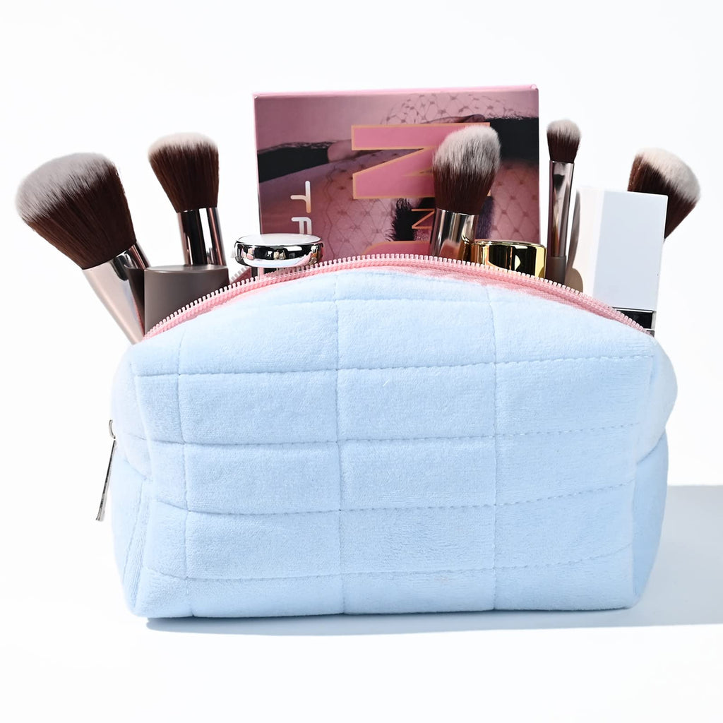 SOIDRAM Makeup Bag Plush Cosmetic Bag Cute Aesthetic Makeup Bag Blue Makeup Pouch Travel Toiletry Bag Organizer Soft Makeup Brushes Accessories Storage Bag for Women