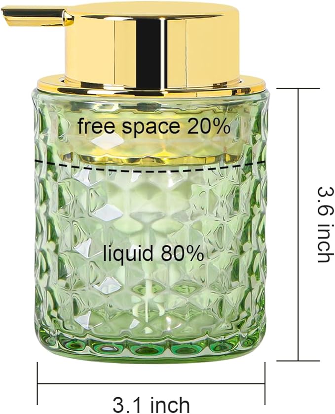 Fvstar 10 Oz Glass Hand Soap Dispenser with Pump, Refillable Bathroom Gold Foaming Soap Dispenser, Vintage Glass Diamond Lotion Container Bottle for Bathroom and Kitchen (1, Green and Gold)
