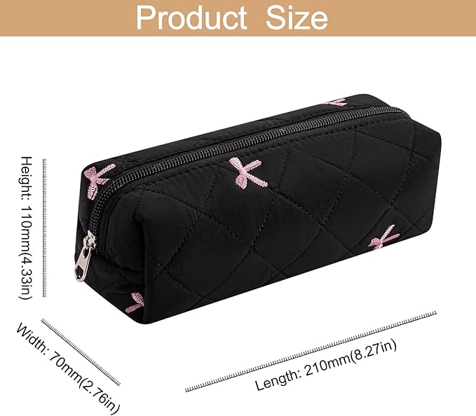 HHQQWZ Cute Floral Cotton Makeup Brush Cosmetic Bag for Women, Travel Quilted Zipper Make Up Bag, Flowers Toiletry Organizer Case Kawaii Makeup Cosmetic Travel Cloth Pouch (Pink+Black)