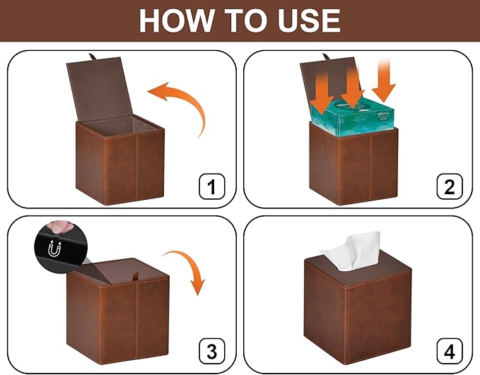 GOLRANLYE Tissue Box Cover Square PU Leather Facial Tissue Box Holder for Dresser Bathroom Decor (Brown)