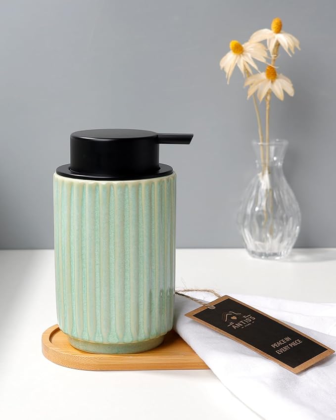 Foaming Soap Dispenser, Green Ceramic Refillable Foam Hand Soap Pump for Bathroom Kitchen, 10.5OZ Lotion Dispenser, Foaming Dish Soap Dispenser, Modern Stripe Design, ANTIS'S HOME