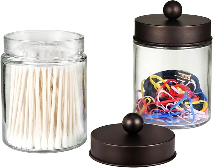 SheeChung Qtip Holder Dispenser for Bathroom Vanity Organizer and Farmhouse Decor - Stylish Glass Apothecary Jar with Stainless Steel Lid and Sticker,Bathroom Countertop Storage Canister(Bronze,3Pack)