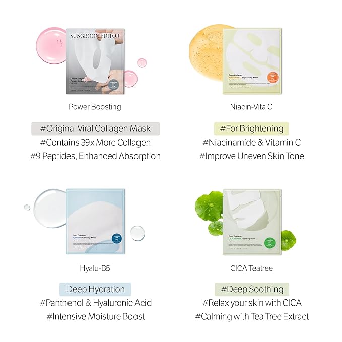 SUNGBOON EDITOR Deep Collagen CICA Tea Tree Overnight Mask, Acne Mask for Redness & Soothing, 2,160,000PPB Collagen + Tea Tree + Centella, Korean Skincare, 4ea, Gifts for Women