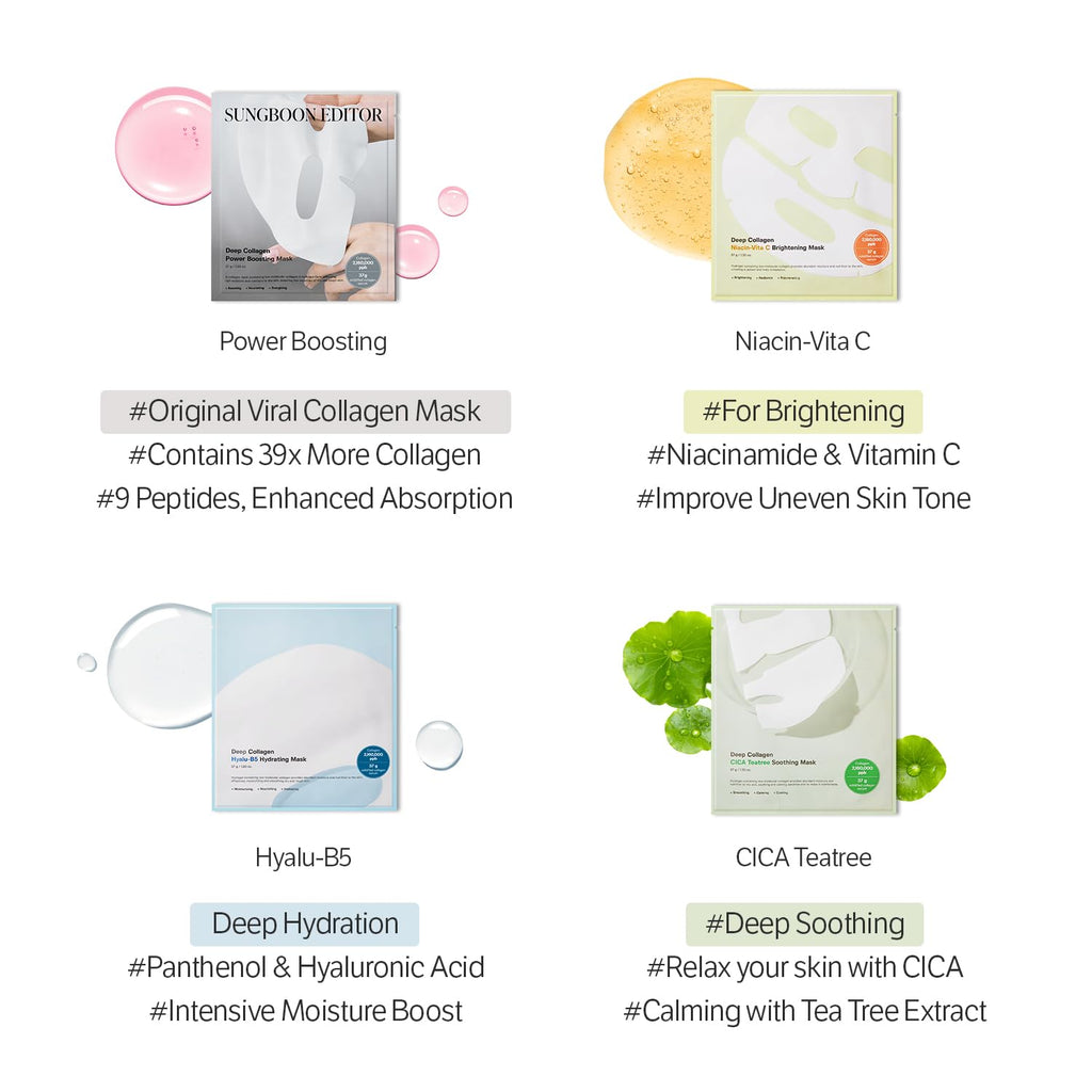 SUNGBOON EDITOR Deep Collagen CICA Tea Tree Overnight Mask, Acne Mask for Redness & Soothing, 2,160,000PPB Collagen + Tea Tree + Centella, Korean Skincare, 4ea, Gifts for Women