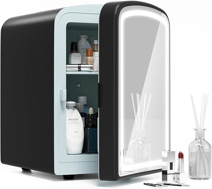 COYCYQI 4L Mini Skincare Fridge with Dimmable LED Mirror, Portable Beauty Refrigerator for Makeup, Cosmetic, Personal Small Refrigerator with Cooler and Warmer for Bedroom, Office and Car(Black)