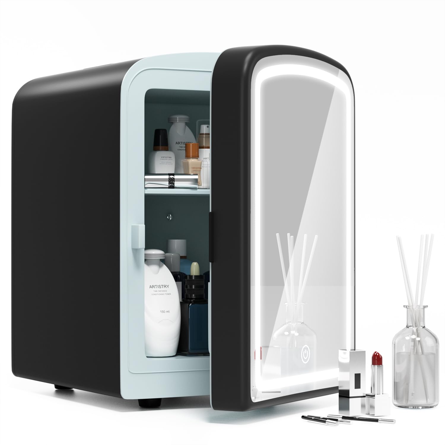 COYCYQI 4L Mini Skincare Fridge with Dimmable LED Mirror, Portable Beauty Refrigerator for Makeup, Cosmetic, Personal Small Refrigerator with Cooler and Warmer for Bedroom, Office and Car(Black)