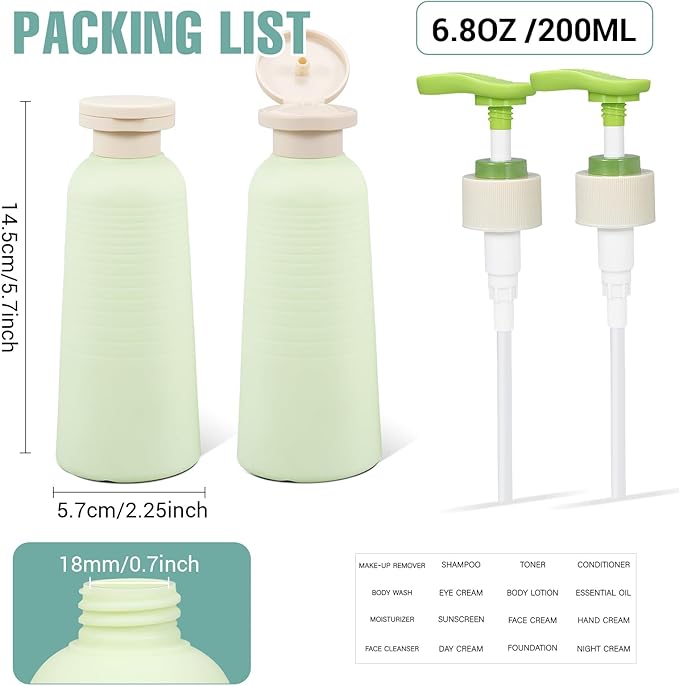 UMETASS 6.7oz Travel Shampoo Bottle with Flip Cap, Refillable Plastic Pump Bottles Dispenser for Soap, Shampoo, Lotions, Liquid Body Wash, Creams and Massage Oil (2Pack, 6.7oz/200ml)