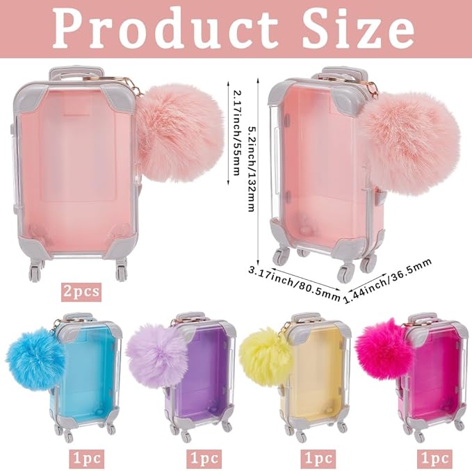 SOFPLATE 6Pcs Mini Suitcase Box Empty Candy Boxes Small Tiny Plastic Cosmetic Luggage Colorful Plush Fur Ball Keychain Reusable Gift Holder Storage Case for Eyelashes Candy Makeup False Lash Travel