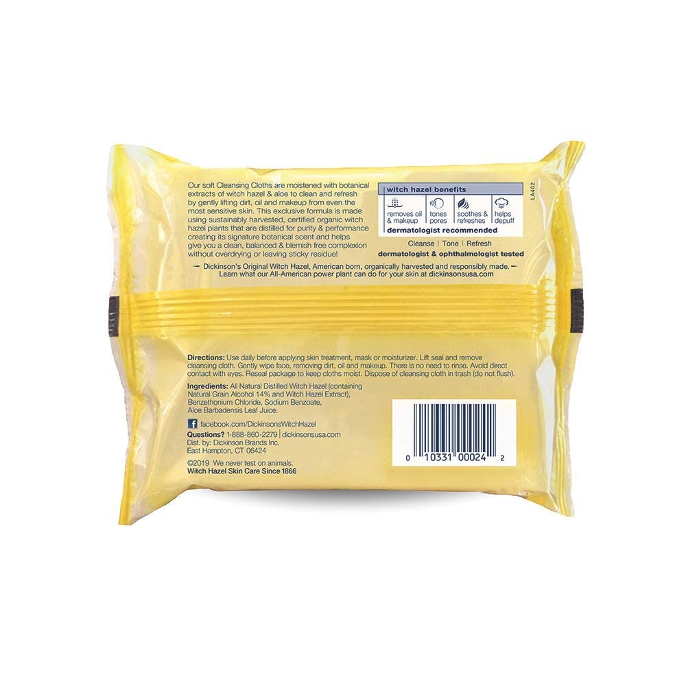 Dickinson's Witch Hazel Cleansing Cloths with Aloe | 25 Ct (Pack of 4)