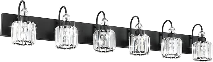 Ralbay Modern 6-Light Black Crystal Vanity Lights for Bathroom - Matte Black Crystal Wall Light Fixtures
