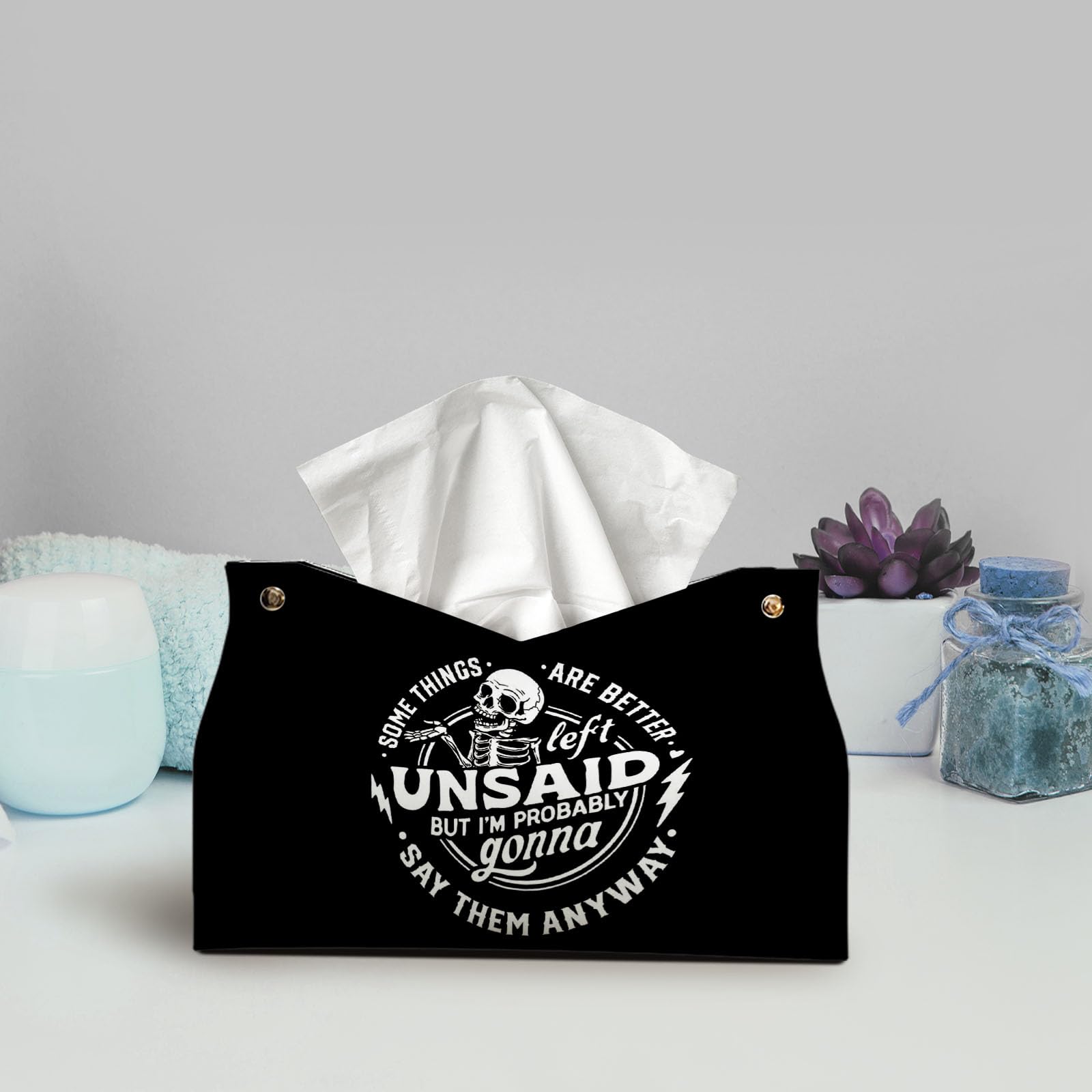 Skeleton Funny Tissue Box Cover Rectangle, Gothic Skull Tissue Box Holder, Black Facial Paper Case for Bathroom Kitchens Livingroom, Halloween Kitchen Accessories Gifts for Women Home 9.8x5.9x5.9