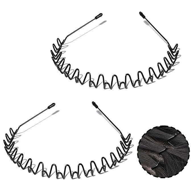 Metal Headband for Men, Wire Headbands for Women, Adjustable Unisex Hair Band with Wavy Design, Black Elastic Sports Headband for Daily Use, Outdoor Sport & Gifts (2PCS)