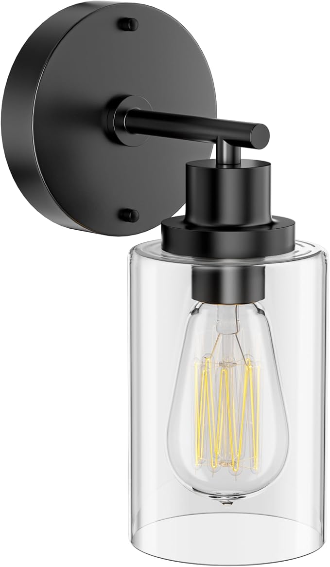 GORDNWE 1-Light Bathroom Wall Sconce, Matte Black Vanity Light, Modern Wall Light Fixture with Clear Glass Shade and E26 Bulb Base, Wall Lamp Wall Mount Light Fixtures for Mirror, Bedroom, Hallway