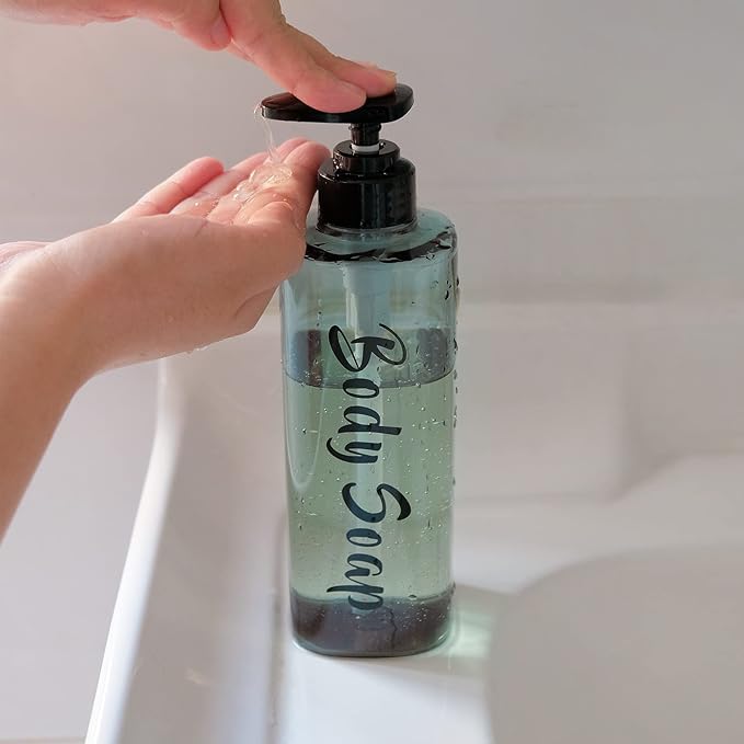 AUMIO 16.9oz Refillable Shower Soap Dispenser with Pump - 3 Chamber No Drill for Shampoo, Conditioner & Body Wash, Blue Clear Plastic Bottle Dispenser, Bathroom Organizer with 6 Waterproof Labels