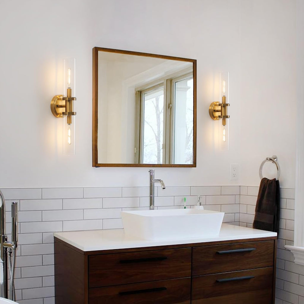 KUZZULL Wall Sconces Set of Two Brushed Brass Gold Sconces Lighting with Clear Glass Wall Lamp Modern Wall Sconce Light Fixtures Sconces Decor Set of scones Lights Set of 2
