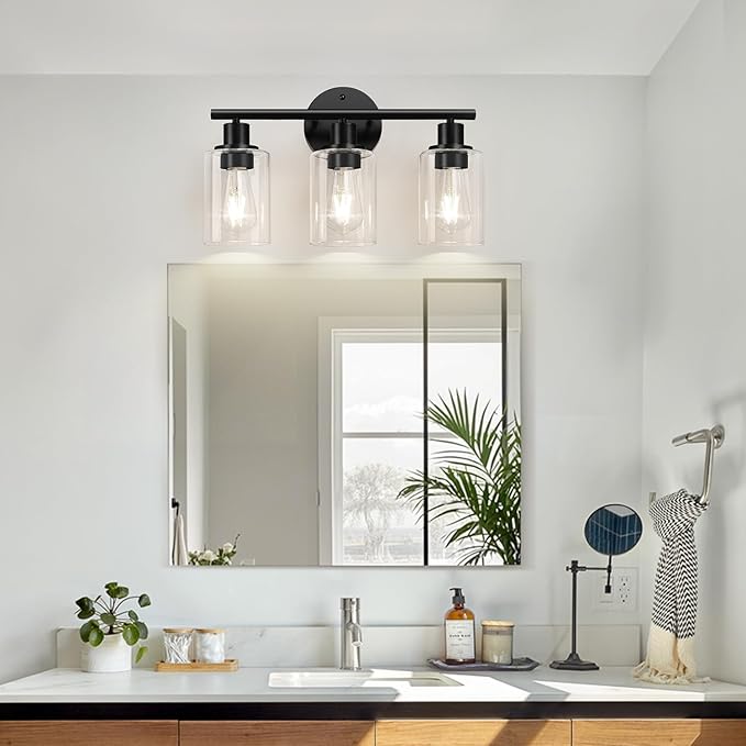 Zarbitta 3-Light Bathroom Light Fixtures, 17.23" Black Modern Vanity Lights with Clear Glass Shade, Bathroom Wall Lamp for Mirror Kitchen Living Room Hallway Cabinet Porch