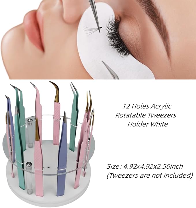 12 Holes Acrylic Rotatable Tweezers Holder, Eyelash Makeup Grafting Tweezer Display Stand Extensions Organizer Training Rack Beauty Tools (White)