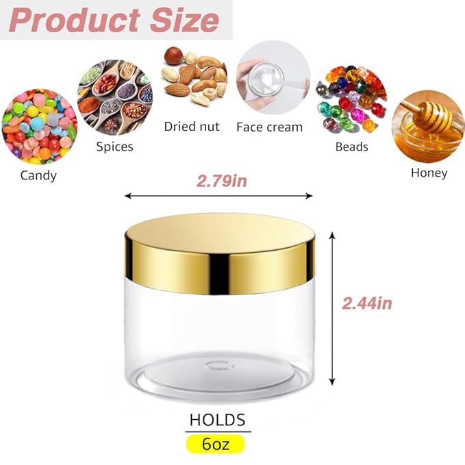 12 Pack 6 oz Plastic Cosmetic Containers With Gold Lids Refillable Clear Empty Travle Jars Containers for Body Butter,Sugar Scrubs,Cream,Lotions,Candy, Label&Spatulas