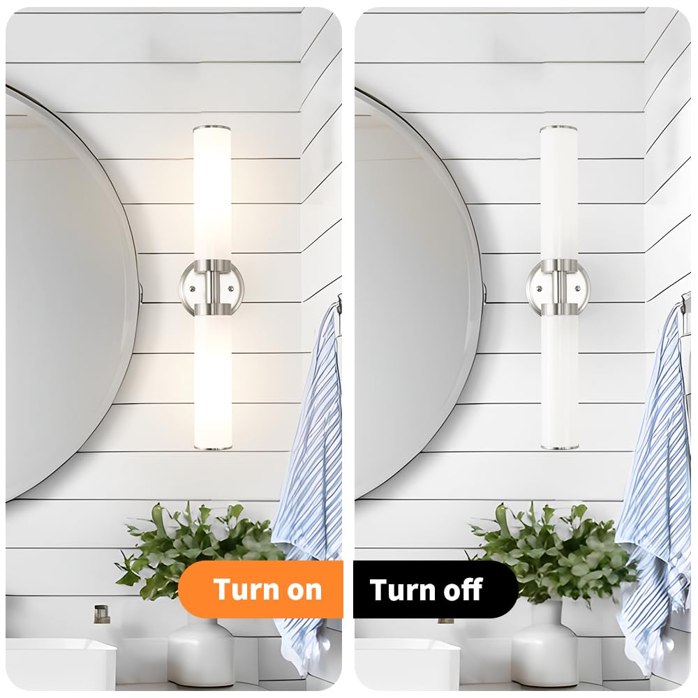 OIYIO Brushed Nickel Wall Sconces Set of 2, Modern Bathroom Vanity Lights for Mirror, Wall Light Fixtures with Milk Glass for Bathroom, Bedroom, Hallway, E26 Base, Bulbs Required, 22.05 Inch