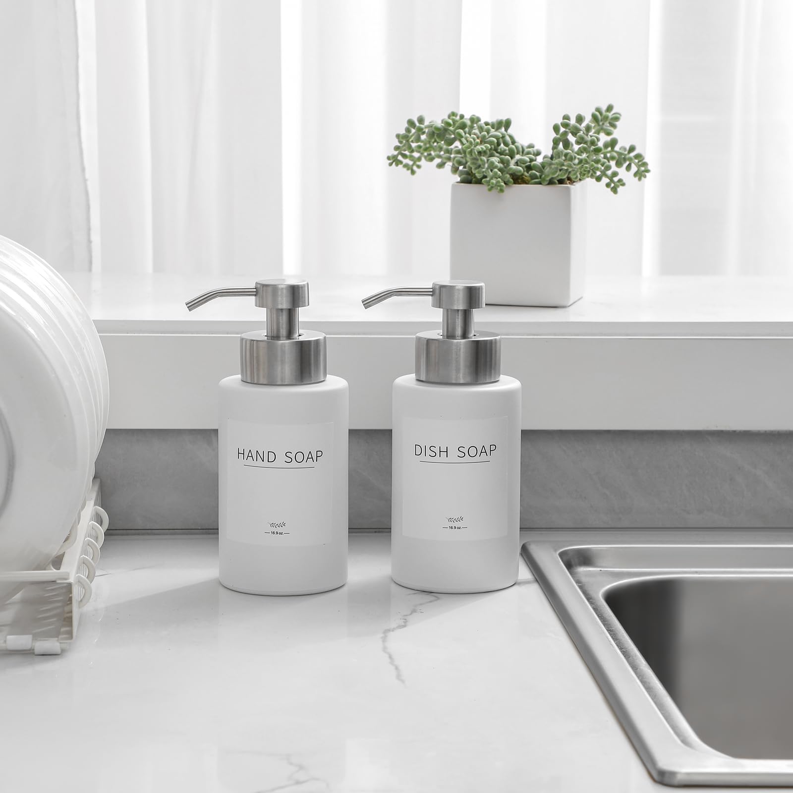 Foaming Soap Dispenser Set, 12 Oz Glass Hand Soap Dispenser with 304 Rust Proof Stainless Steel Pump, Waterproof Labels, for Bathroom Decor Kitchen College Dorm, White Silver Pump 2 Pack