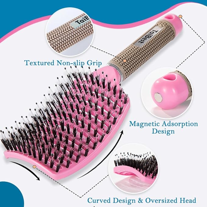 TaiBest Boar Bristle Brush Set - Dry/Wet Detangler for Fine, Thick, Curly Hair - Curved and Vented Brush for Women, Men or Kids
