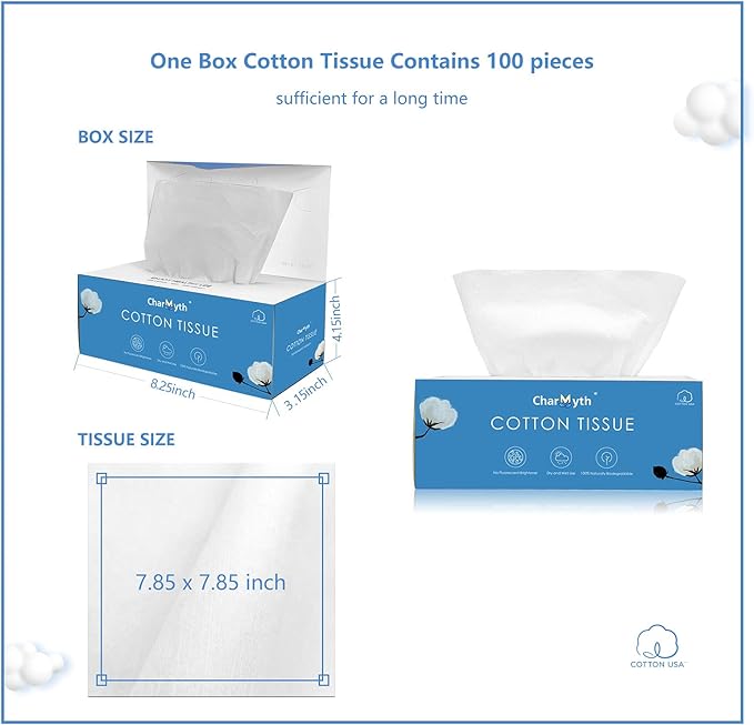 Charmyth Extra Thick Disposable Face Towel, Disposable Makeup Removing Wipes, 100% USA Cotton and 100% Organic & Cruelty Free, Lint-Free Cotton Tissues for Sensitive Skin