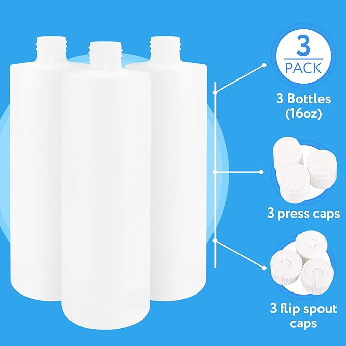 IMPRESA Round Plastic Bottles with Caps - Food-Grade Squeeze Bottles for Sauce, Condiments, Shampoo & Body Wash - 16 Oz, Pack of 3, Natural