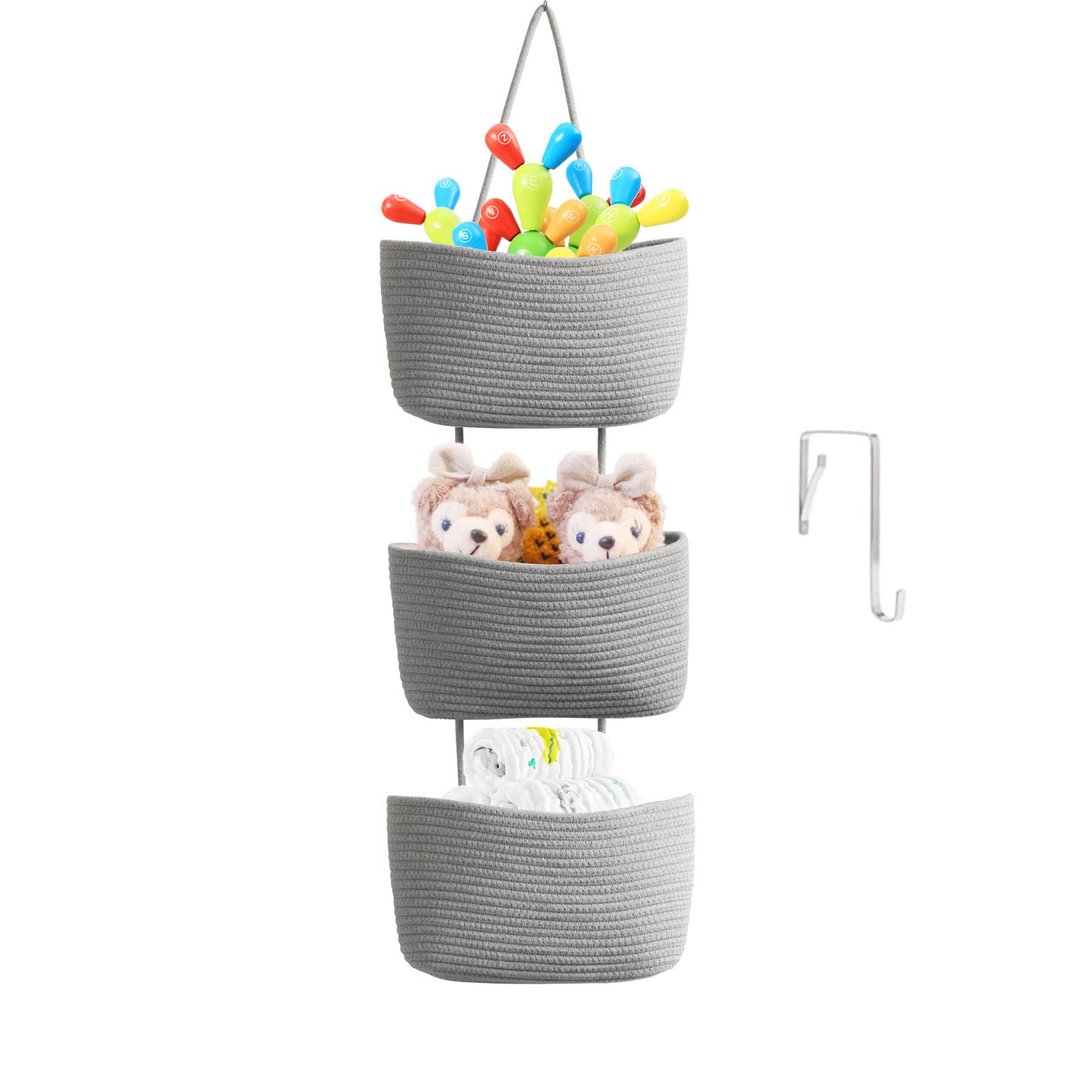 TeoKJ Over the Door Hanging Basket, 3-Tier Woven Cotton Wall-Mounted Storage Organizer Bag Decorative Hanging Nursery Baskets, Gray