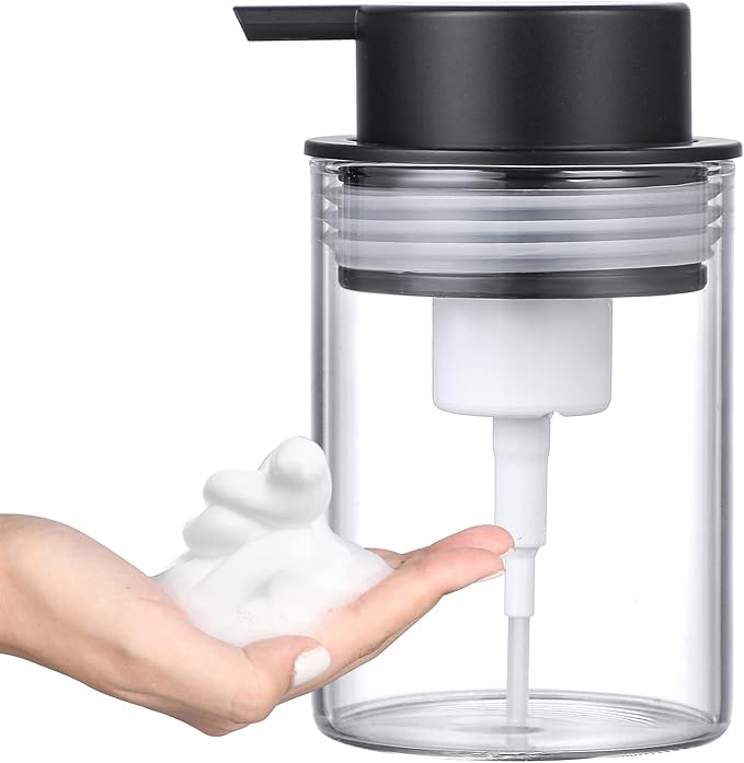 Clear Glass Foam Soap Dispenser, 10 Oz Hand Liquid Bottles with Rust Proof Plastic Pump, Refillable Round Foaming Lotion Dispensing for Kitchen Sink & Bathroom Counter Decorative