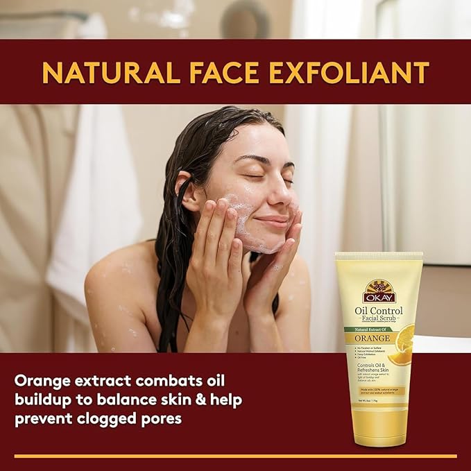 OKAY Oil Control Facial Scrub Exfoliator - Exfoliating Face Wash, Face Scrub for Women and Men, Moisturizing and Brightening, Leaves Skin Smooth and Clean, Paraben Free - Orange, 6 Oz (Pack of 1)