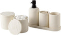 WUUAHOME Bathroom Accessories Set, Travertine Stone-Look, 6 PCS Bathroom Accessory Set with Soap Dispenser, Toothbrush Holder, Tumbler, Vanity Tray, Cotton Swab Jars for Countertop (Off White 6 PCS)