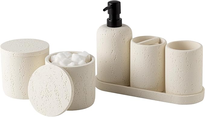 WUUAHOME Bathroom Accessories Set, Travertine Stone-Look, 6 PCS Bathroom Accessory Set with Soap Dispenser, Toothbrush Holder, Tumbler, Vanity Tray, Cotton Swab Jars for Countertop (Off White 6 PCS)