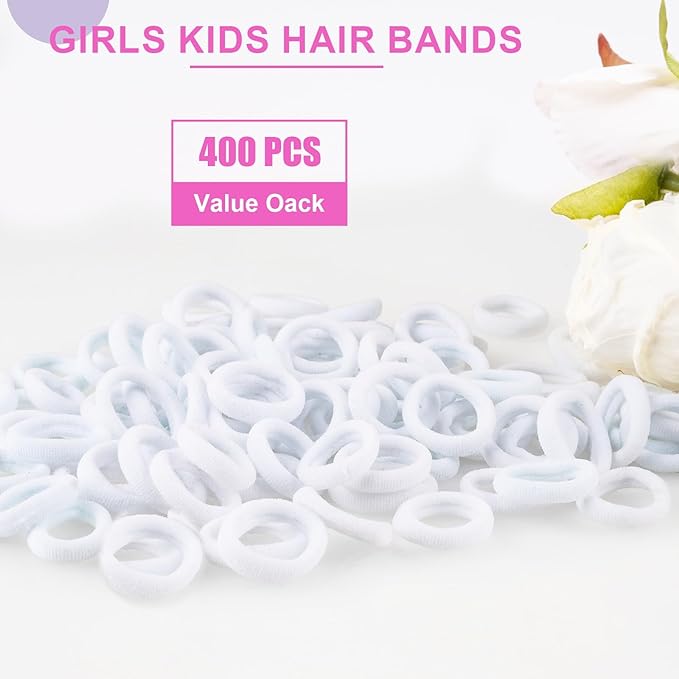 400 PCS Baby Hair Ties – No Damage Elastic Ponytail Holders, Soft Seamless Multicolor Hair Bands for Toddlers and Girls, Baby Hair Accessories (White)