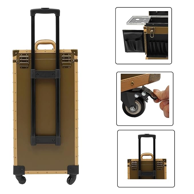 CNCEST Beauty Salon Luggage,Rolling Lockable Makeup Train Case Hairdressing Trolley Stylist Beauty Salon Cosmetic Luggage Travel Organizer Tool Box with Hair Dryer Holder (Gold)