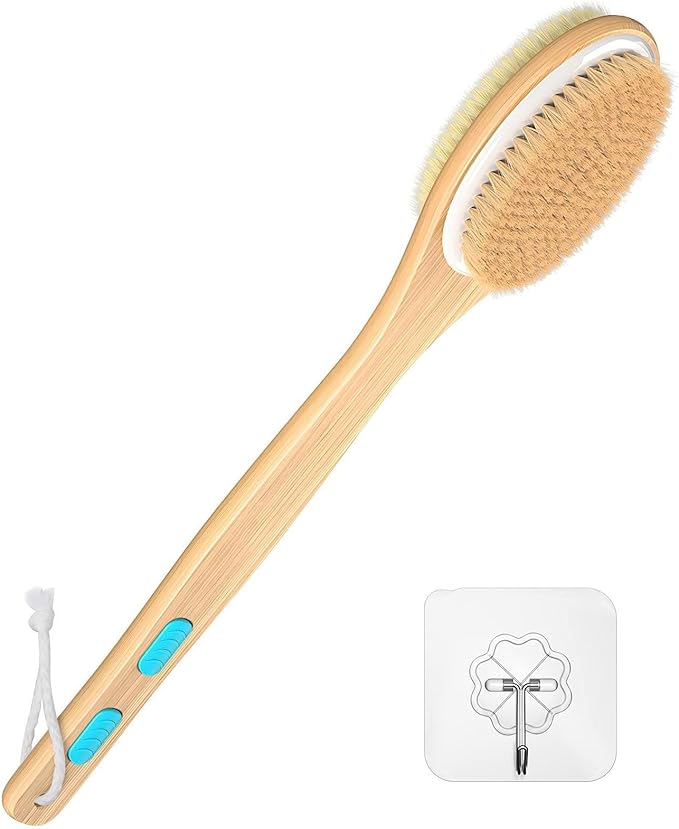 Back Scrubber for Shower, Long Handle Dual-Sided Shower Brush with Soft and Stiff Bristles, Body Exfoliator