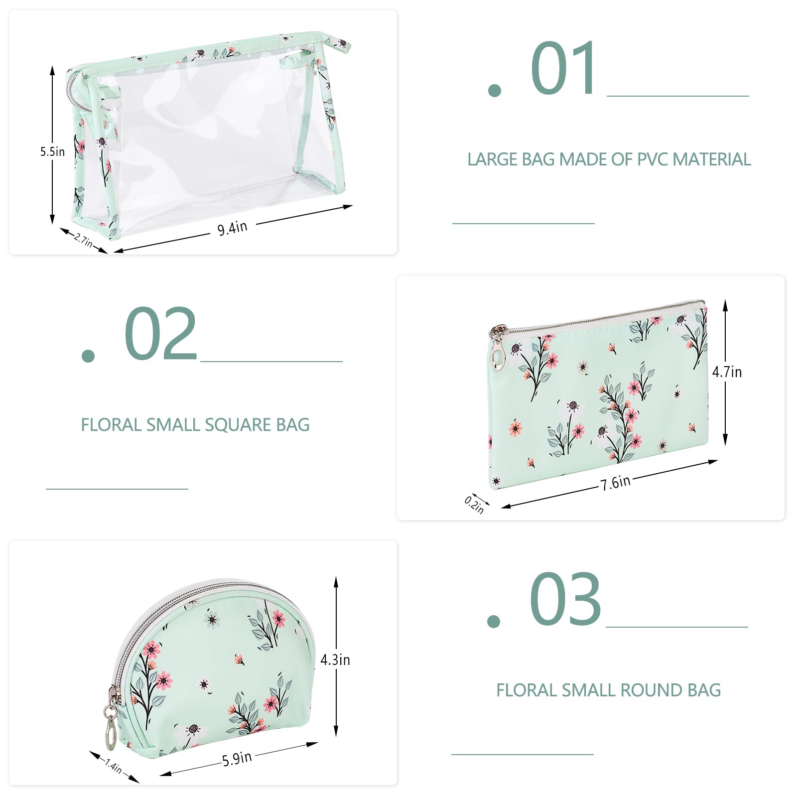 Richeart Makeup Bag, Clear Bag with Zipper, 3PC Floral Flowers Makeup Pouch, Waterproof Small Pouch, Portable Travel Toiletry Bag, B