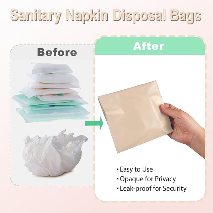 100 PCS Sanitary Napkin Disposal Bags, Feminine Hygiene Disposal Bags for Tampons and Pads, Block Odors, Self-Sealing Seals, 10.6 * 5.9 Inch (Apricot Color)