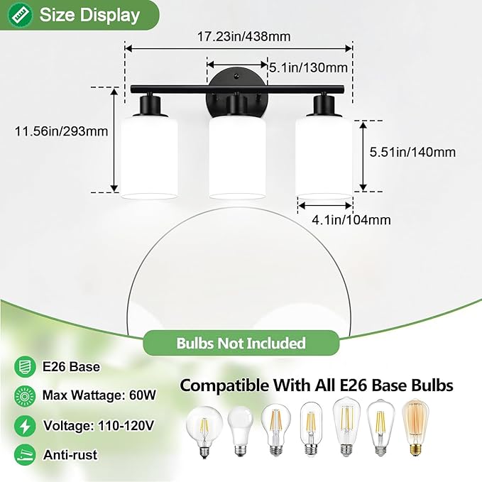 Zarbitta 3-Light Bathroom Light Fixtures, Black Modern Vanity Lights with Milky White Frosted Glass Shades, Bathroom Wall Lamp for Mirror Kitchen Living Room Hallway Cabinet Porch
