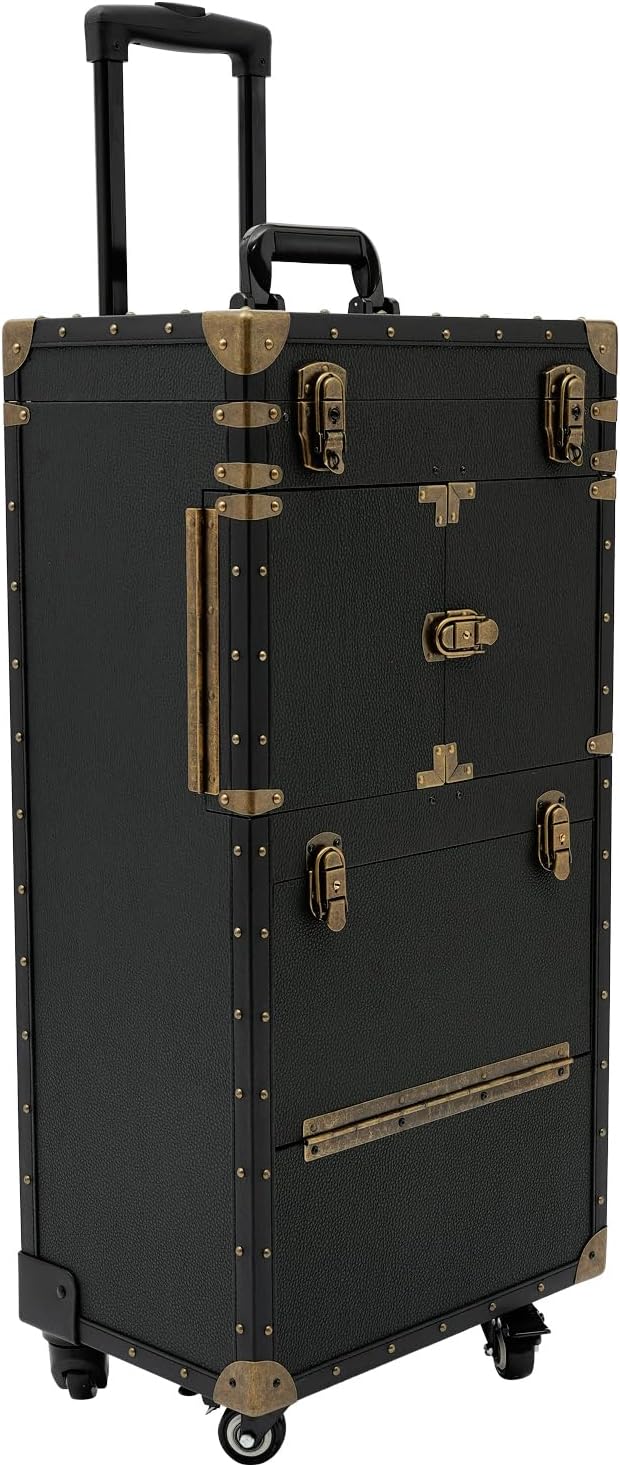 QUEWATSA Rolling Makeup Case Large Storage Cosmetic Trolley, Rolling Lockable Makeup Train Case, Stylist Beauty Salon Cosmetic Luggage Travel Organizer Tool Box with Hair Dryer Holder (Black)