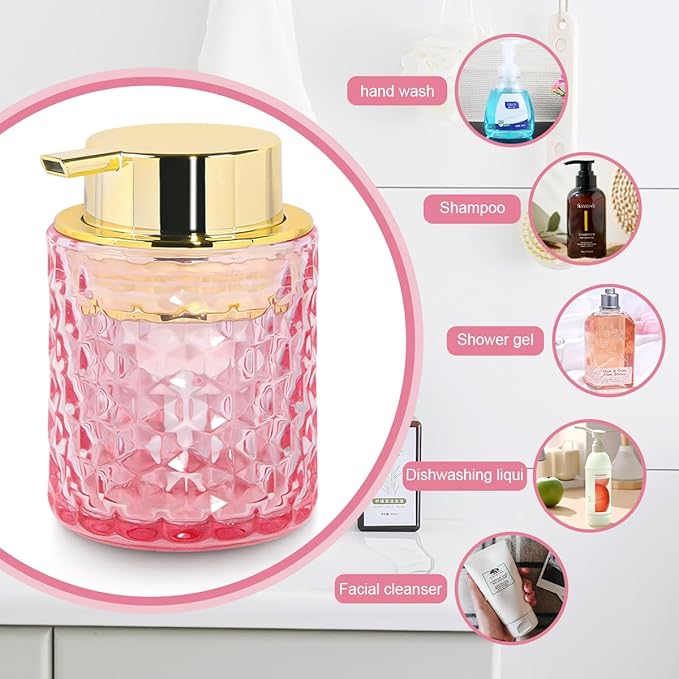 Fvstar 10 Oz Glass Hand Soap Dispenser with Pump, Refillable Bathroom Gold Foaming Soap Dispenser, Vintage Glass Diamond Lotion Container Bottle for Bathroom and Kitchen (1, Pink and Gold)