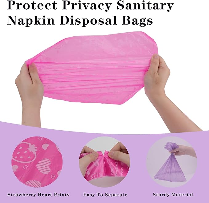 180 PCS Sanitary Napkin Disposal Bags with 2 Dispenser, Feminine Hygiene Disposal Bags for Privacy Protection, Trash Bag for Women Product Perfumed Sanitary Pads Tampon（Pink Purple）